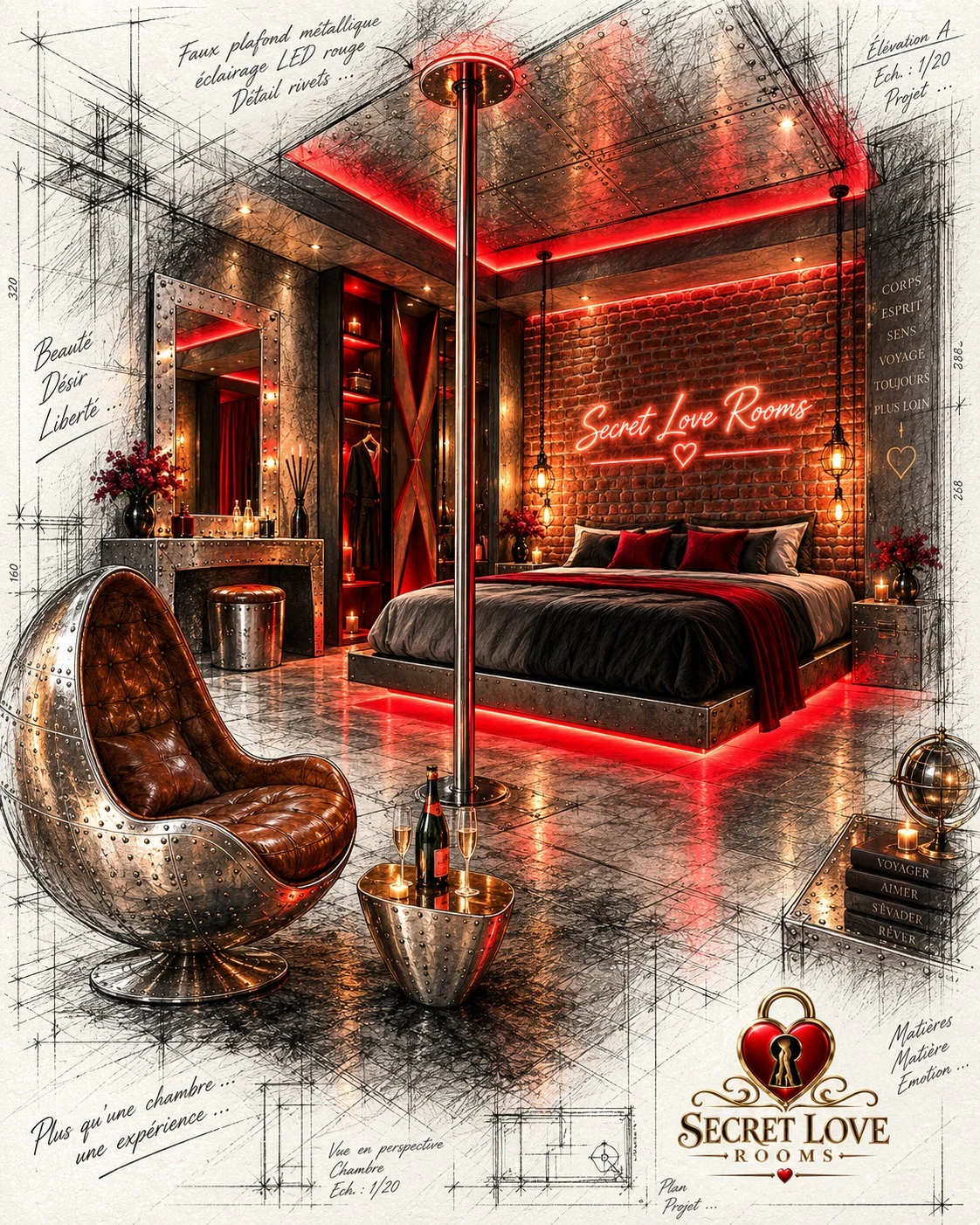 Vue du projet de la première chambre : très grand lit, velours noir et rouge profond, bougies