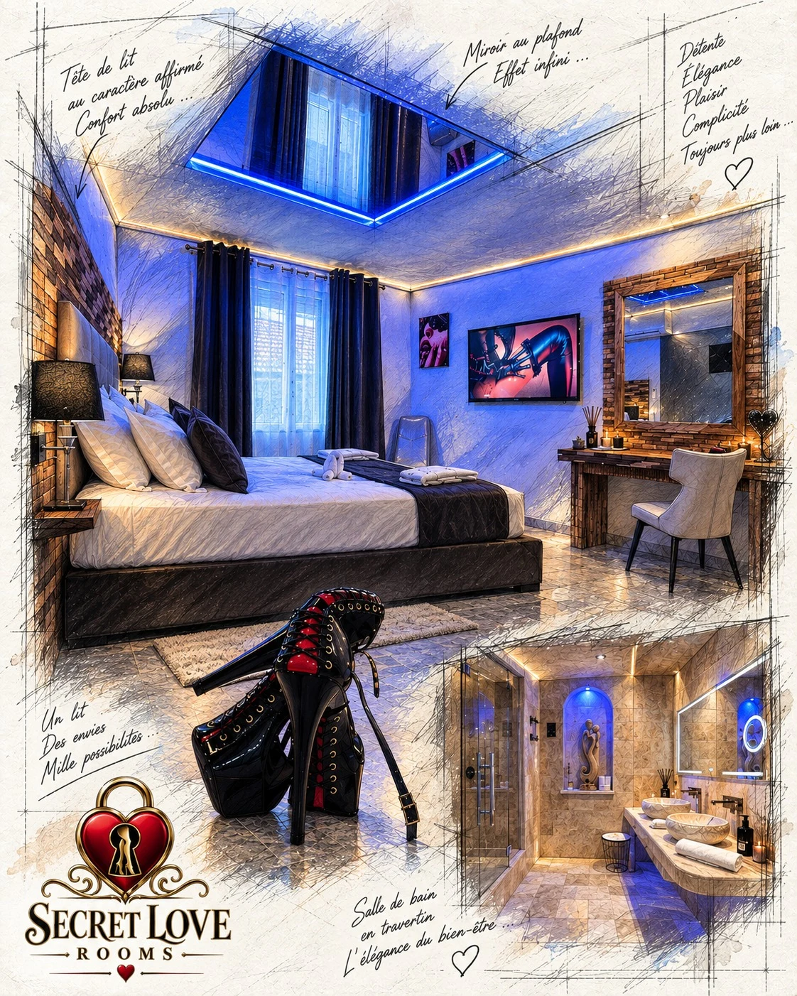 Vue du projet de la seconde chambre : très grand lit, barre de danse, jeux de lumière