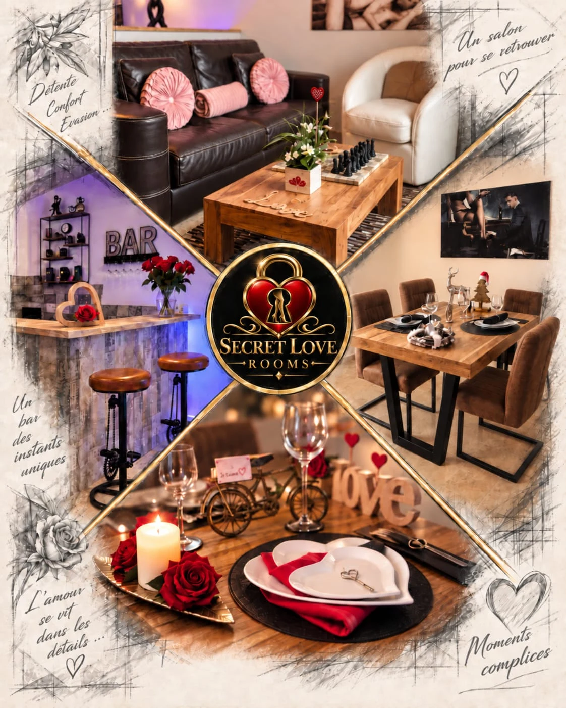 Planche du projet : le bar, le salon avec son canapé de cuir, la salle à manger dressée pour quatre et une table de fête