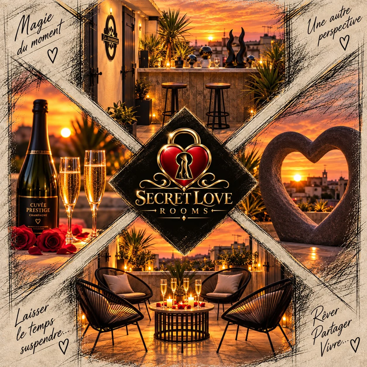Planche du projet : la terrasse au coucher du soleil, quatre fauteuils autour d'une table de bougies, le bar extérieur et un cœur de pierre ouvert sur les toits de Hyères